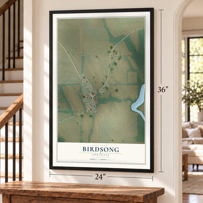 Birdsong, Arkansas map, 24 x 36 inch print in a black frame by a staircase