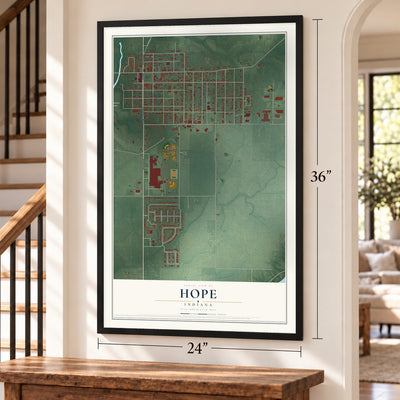 Hope, Indiana map, 24 x 36 inch print in a black frame by a staircase