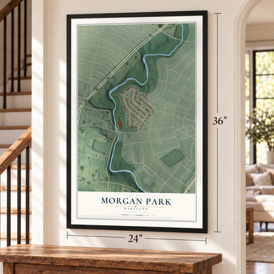 Morgan Park, Maryland map, 24 x 36 inch print in a black frame by a staircase