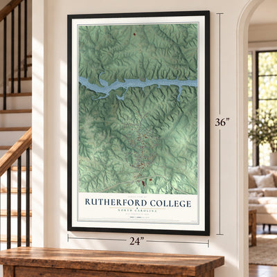 Rutherford College, North Carolina map, 24 x 36 inch print in a black frame by a staircase