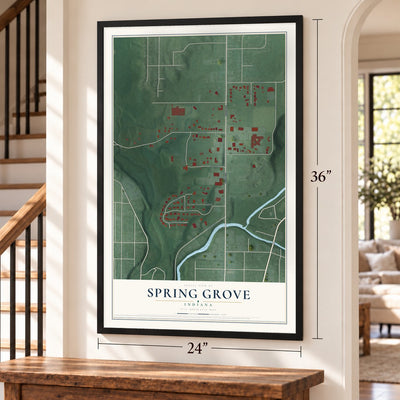 Spring Grove, Indiana map, 24 x 36 inch print in a black frame by a staircase