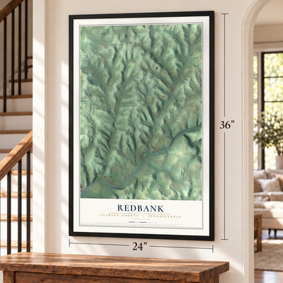 Redbank, Clarion County, Pennsylvania map, 24 x 36 inch print in a black frame by a staircase