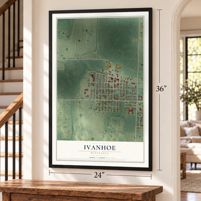 Ivanhoe, Minnesota map, 24 x 36 inch print in a black frame by a staircase