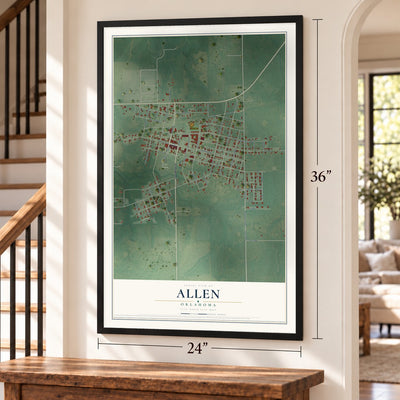 Allen, Oklahoma map, 24 x 36 inch print in a black frame by a staircase