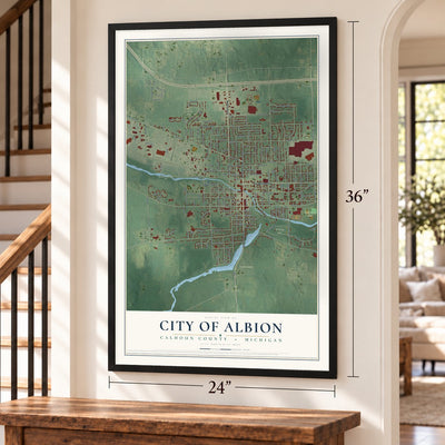 Albion, Michigan map, 24 x 36 inch print in a black frame by a staircase
