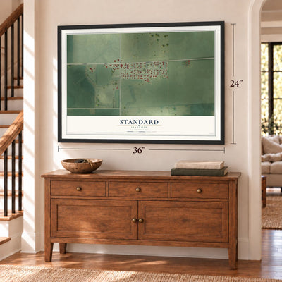 Standard, Illinois map, 24 x 36 inch print in a black frame above a dresser by a staircase