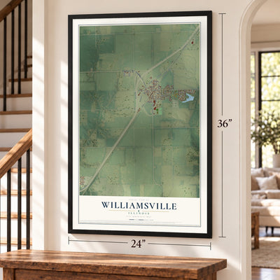 Williamsville, Illinois map, 24 x 36 inch print in a black frame by a staircase