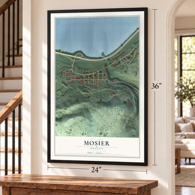 Mosier, Oregon map, 24 x 36 inch print in a black frame by a staircase