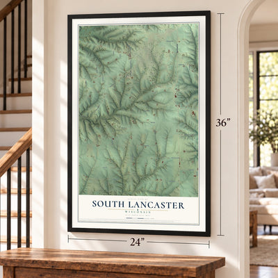 South Lancaster, Wisconsin map, 24 x 36 inch print in a black frame by a staircase
