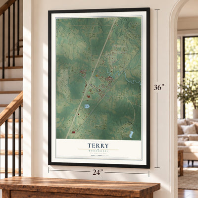 Terry, Mississippi map, 24 x 36 inch print in a black frame by a staircase