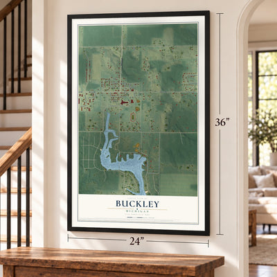 Buckley, Michigan map, 24 x 36 inch print in a black frame by a staircase