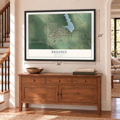 Reliance, South Dakota map, 24 x 36 inch print in a black frame above a dresser by a staircase