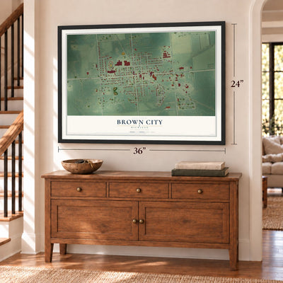 Brown City, Michigan map, 24 x 36 inch print in a black frame above a dresser by a staircase