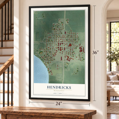 Hendricks, Minnesota map, 24 x 36 inch print in a black frame by a staircase