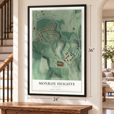 Monroe Heights, Georgia map, 24 x 36 inch print in a black frame by a staircase