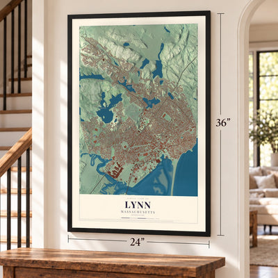 Lynn, Massachusetts map, 24 x 36 inch print in a black frame by a staircase