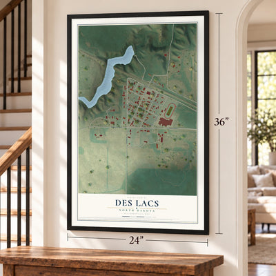 Des Lacs, North Dakota map, 24 x 36 inch print in a black frame by a staircase