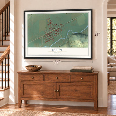 Joliet, Montana map, 24 x 36 inch print in a black frame above a dresser by a staircase