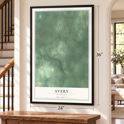 Avery, Michigan map, 24 x 36 inch print in a black frame by a staircase