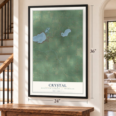 Crystal, Montcalm County, Michigan map, 24 x 36 inch print in a black frame by a staircase