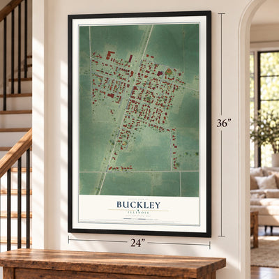 Buckley, Illinois map, 24 x 36 inch print in a black frame by a staircase