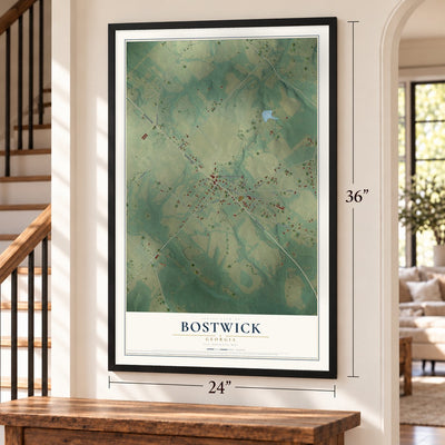 Bostwick, Georgia map, 24 x 36 inch print in a black frame by a staircase