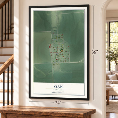 Oak, Nebraska map, 24 x 36 inch print in a black frame by a staircase