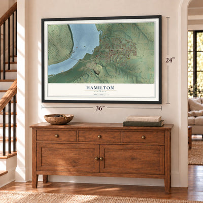 Hamilton, Illinois map, 24 x 36 inch print in a black frame above a dresser by a staircase