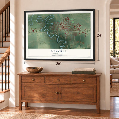 Mayville, North Dakota map, 24 x 36 inch print in a black frame above a dresser by a staircase