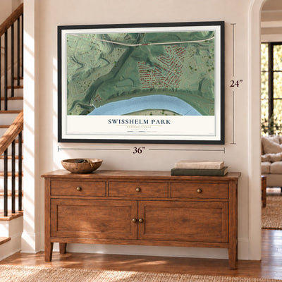 Swisshelm Park, Pennsylvania map, 24 x 36 inch print in a black frame above a dresser by a staircase