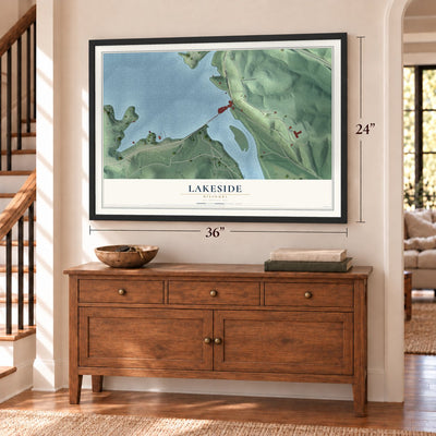 Lakeside, Missouri map, 24 x 36 inch print in a black frame above a dresser by a staircase