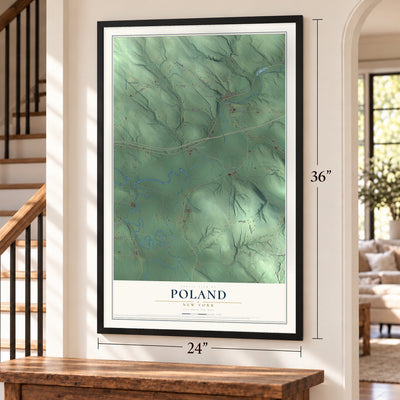 Poland, New York map, 24 x 36 inch print in a black frame by a staircase