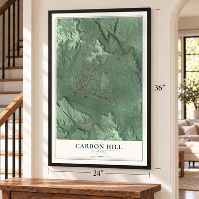 Carbon Hill, Alabama map, 24 x 36 inch print in a black frame by a staircase