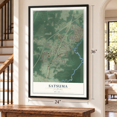 Satsuma, Alabama map, 24 x 36 inch print in a black frame by a staircase