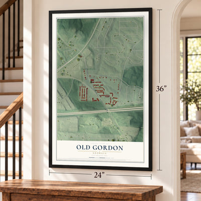 Old Gordon, Georgia map, 24 x 36 inch print in a black frame by a staircase