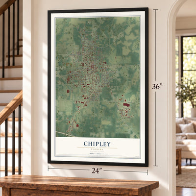 Chipley, Florida map, 24 x 36 inch print in a black frame by a staircase