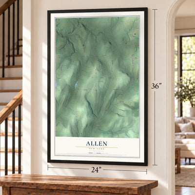 Allen, New York map, 24 x 36 inch print in a black frame by a staircase