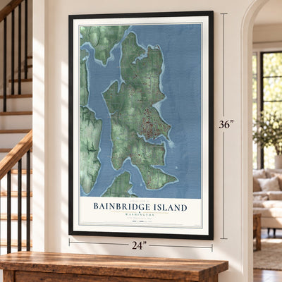 Bainbridge Island, Washington map, 24 x 36 inch print in a black frame by a staircase