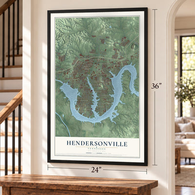 Hendersonville, Tennessee map, 24 x 36 inch print in a black frame by a staircase