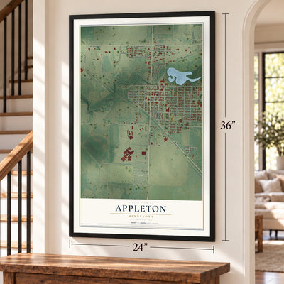 Appleton, Minnesota map, 24 x 36 inch print in a black frame by a staircase