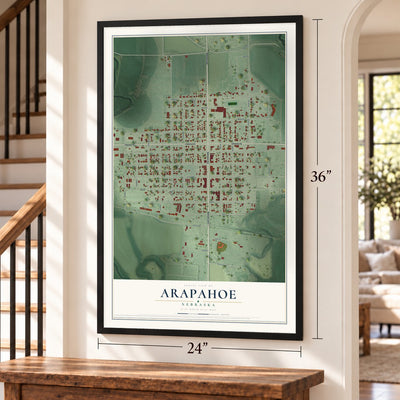 Arapahoe, Nebraska map, 24 x 36 inch print in a black frame by a staircase