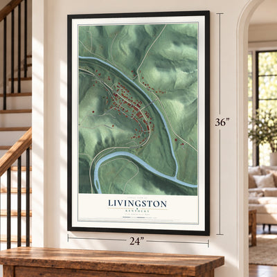 Livingston, Kentucky map, 24 x 36 inch print in a black frame by a staircase