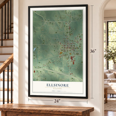 Ellsinore, Missouri map, 24 x 36 inch print in a black frame by a staircase