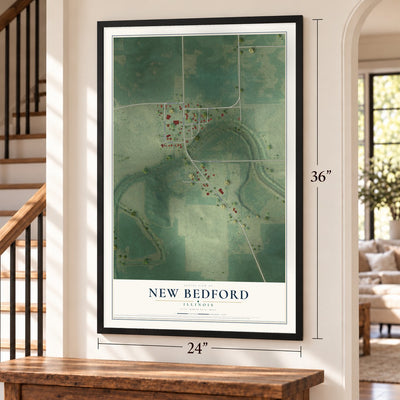 New Bedford, Illinois map, 24 x 36 inch print in a black frame by a staircase