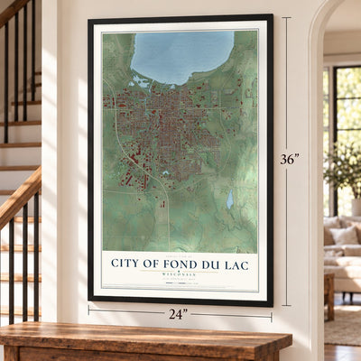 Fond du Lac, Wisconsin map, 24 x 36 inch print in a black frame by a staircase