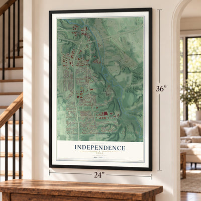 Independence, Ohio map, 24 x 36 inch print in a black frame by a staircase