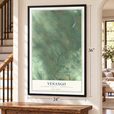 Venango, Crawford County, Pennsylvania map, 24 x 36 inch print in a black frame by a staircase