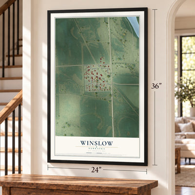 Winslow, Nebraska map, 24 x 36 inch print in a black frame by a staircase
