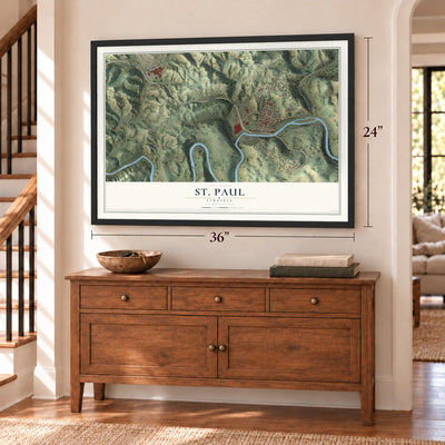 St. Paul, Virginia map, 24 x 36 inch print in a black frame above a dresser by a staircase