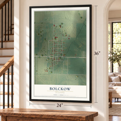 Bolckow, Missouri map, 24 x 36 inch print in a black frame by a staircase